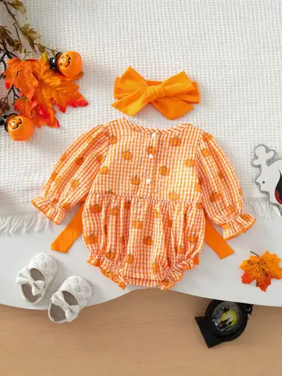 Baby Mädchen Langarm Halloween Strampler mit Schleife und Karomuster