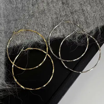 Large hoop earrings for round faces, silver-tone, oversized - 4