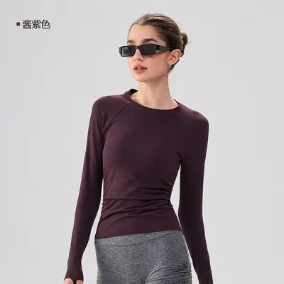 新款无缝一体织瑜伽T恤女普拉提修身显瘦上衣专业健身服运动长袖 - 10