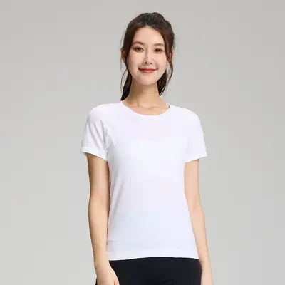 Kadın Dikişsiz Yoga Üstü, Tek Parça Örgü Kısa Kollu T-Shirt, Koşu ve Fitness - 9