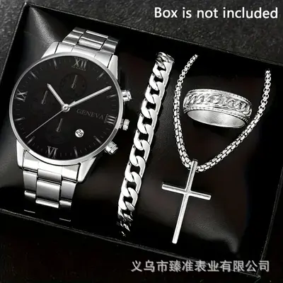 Men's watch set, black gold steel band with cross pendant - 10