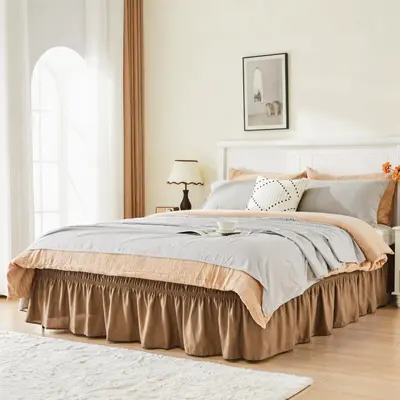Solid Color Elastic Bed Skirt with Built-in Ruffle Design - 13