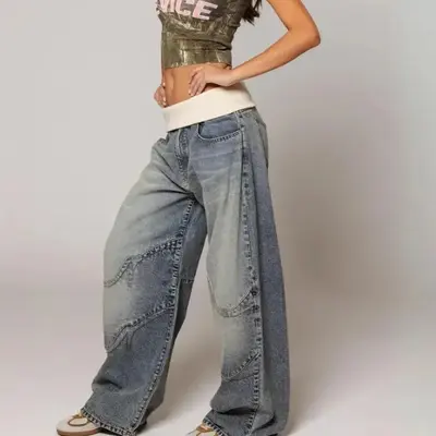 Retro Yıkamalı Mavi Patchwork Katlamalı Bel Düz Paça Kot Pantolon Y2K Kadın