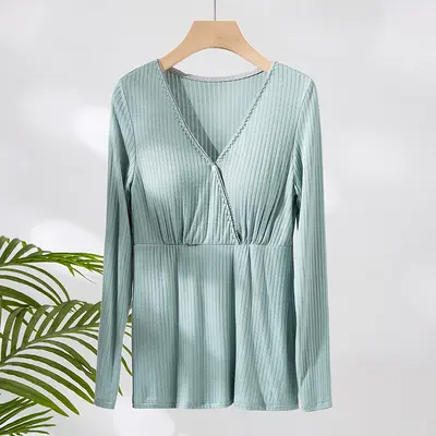 Long Sleeve Cross-Front Nursing Top, Postpartum Home Wear - 4