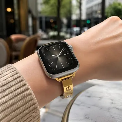 Apple Watch uyumlu altın kaplama bileklik kordon, lüks oymalı tasarım, kadın