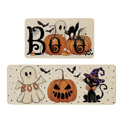 Halloween Theme Crystal Velvet Kitchen Floor Mat Set, 2 Pieces, Non-Slip