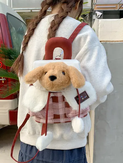 Sevimli peluş köpek kafalı kapaklı mini sırt çantası, ekose desenli, taşınabilir - 6