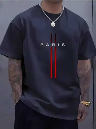 Men's 100% Cotton Loose Fit Paris Letter Print Short Sleeve T-Shirt