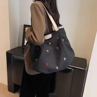 Women's Canvas Tote Bag, Embroidered Letters, Large Capacity, 2025 - 4