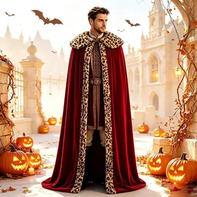 Unisex uzun yeşil pelerin, kadife leopar desenli, cadılar bayramı ve cosplay
