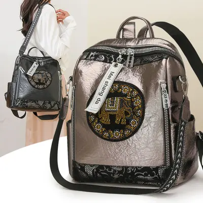 Women's Punk Backpack with Rhinestones and Leopard Print - 5