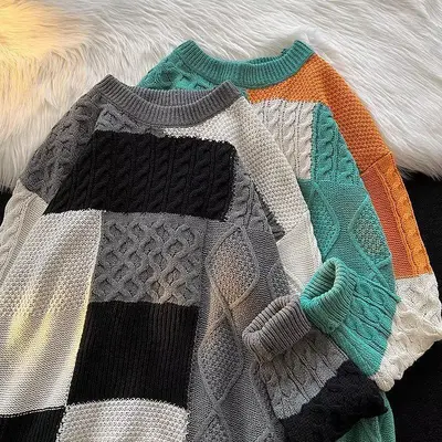 Herren Japan-Stil Strickpullover, Patchwork, Herbst/Winter, locker, Rundhals
