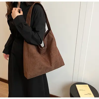 Large Capacity Suede-Look Tote Bag Women's Retro Single Shoulder Bag - 3