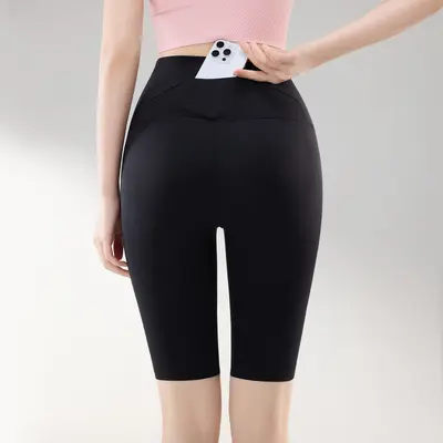 Kadın yoga şortu, yüksek bel, arka cepli, karın sıkılaştırıcı, 5 inç - 7