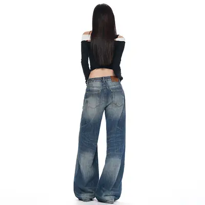 Çift Düğmeli Bel Vintage Düz Kot Pantolon Kadın Geniş Paça