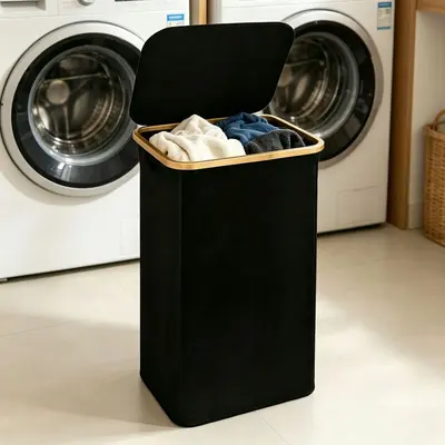Cross-border Foldable Oxford Cloth Laundry Basket with Bamboo Frame, Lid and Dust Protection, Storage Home Movable Laundry Hamper