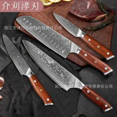 Damascus pattern knife set with rosewood handle chef knife