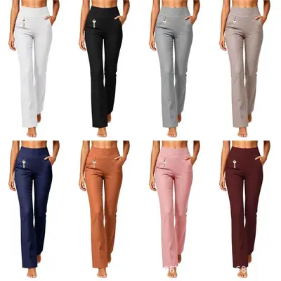 Kadın Yüksek Bel Cepli Yoga Pantolonu, Esnek Slim Fit Düz Paça