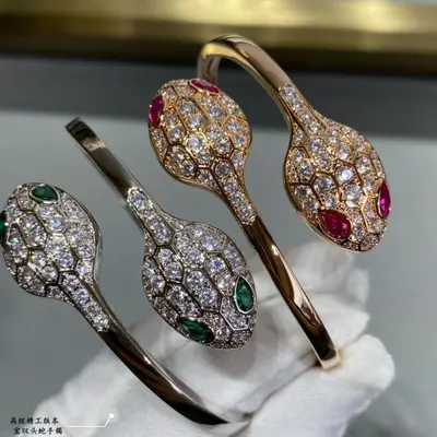 V-Gold Plated Open Snake Bangle, Full Rhinestones, Green and Blue Eyes