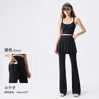 防走光带屁帘瑜伽裤女秋新款外穿高腰收腹微喇假两件运动鲨鱼裤 - 7