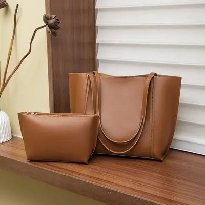 Women's Solid Color Large Tote Bag with Detachable Inner Pouch Korean Style - 10