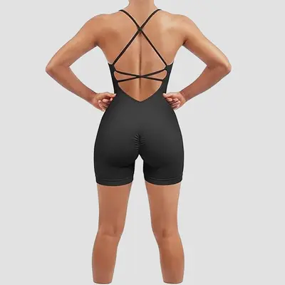 Askılı Yoga Tulumu Şortlu, Seksi Tek Parça Spor Tulumu - 7