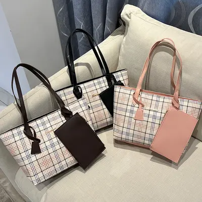 Plaid Print Tote Bag Set, 2 Pieces, Single Shoulder Strap