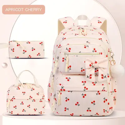 2026 Corduroy Three-Piece Backpack Set, Cherry Pattern, Large Capacity, Lightweight - 10