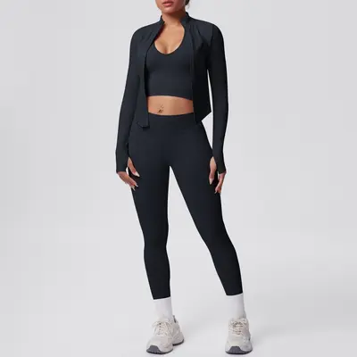 Seamless Solid Color Yoga Set, 3-Piece, Breathable, High Stretch - 9
