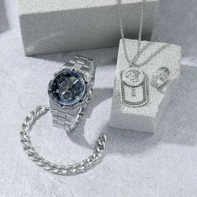 Men's quartz watch set, large dial, steel band, 4-piece