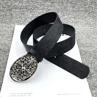 American Vintage Cross Metal Buckle Belt Unisex Kro New Design Y2K Black Embossed Leather Belt - 9