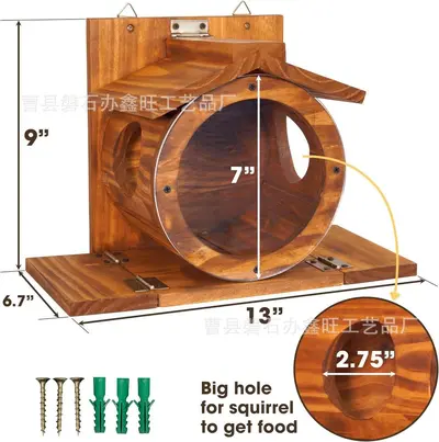 Wooden Wall-Mounted Squirrel and Bird Feeder, Outdoor, Double-Sided Feeding Holes