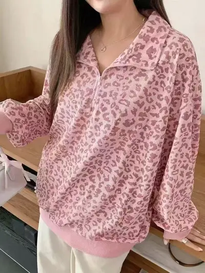 Women's Retro Leopard Print Stand-Collar Loose Sweatshirt - 7