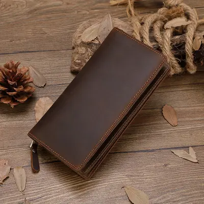Crazy Horse Genuine Leather Long Men's Wallet, Multi-Card Slots, Large Capacity - 4