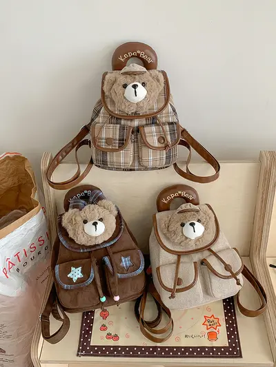 Plush Bear Flap Backpack for Girls, Plaid Pattern - 1