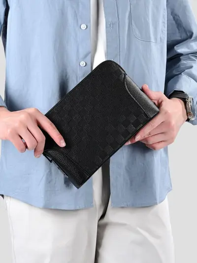 Men's Clutch Bag with Fingerprint Lock, Phone and Coin Compartments, Checkered Pattern