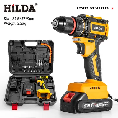 Hilda Bürstenlos 21V Lithium-Ionen Bohrmaschine mit hohem Drehmoment, grenzüberschreitende Neuversion Lithium-Ionen Elektrobohrer Elektroschraubendreher Starter Set