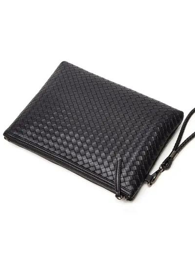 Men's Woven Clutch Bag, Soft Leather, Waterproof Zipper Wrist Bag - 5