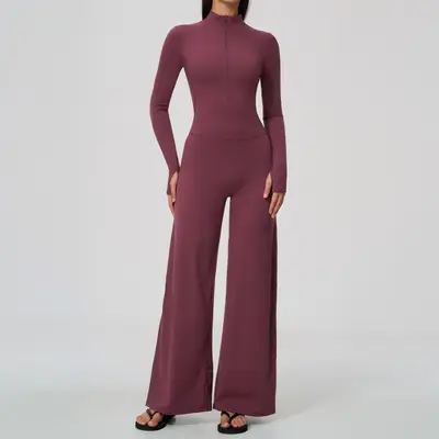 Damen Reißverschluss-Yoga-Overall, langarm, mit weitem Bein - 10