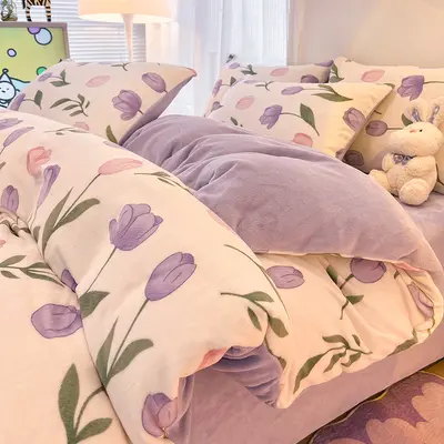 Grade A Milk Fleece Four-Piece Set Thickened Coral Fleece Double-Sided Flannel Quilted Duvet Cover Bed Sheet Fitted Sheet Three-Piece Bedding Set - 7