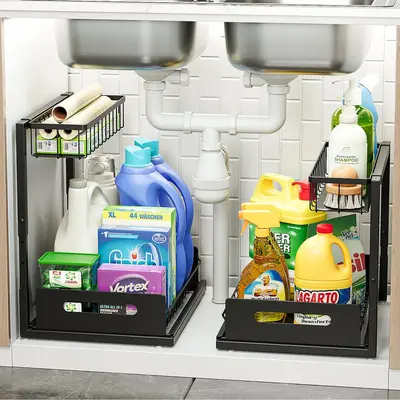 Cross-border stock kitchen black under-sink storage shelf drawer spice rack double-layer metal under-sink drawer shelf
