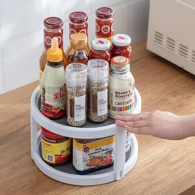 Rotating spice rack for home kitchen, multifunctional spice storage, rotating spice bottle holder shelf for table top.