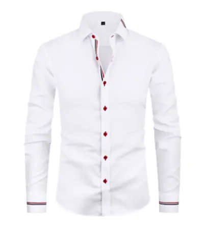 Men's Long-Sleeve Solid Color Formal Shirt with Ribbon Trim and Buttons - 8