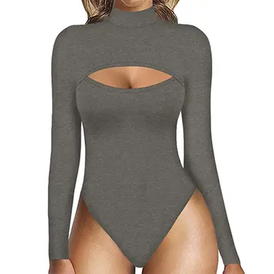 Women's Sexy High Neck Front Cut-Out Thin Long Sleeve Jumpsuit - 3
