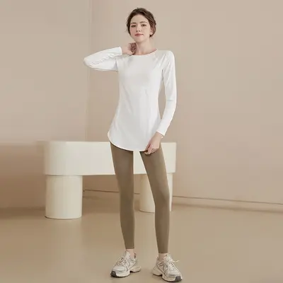 2025秋冬季新款瑜伽健身纯色长袖中长款显瘦瑜伽服健身服套装 - 12