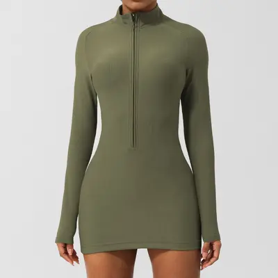 Ribbed Half-Zip Long-Sleeve Sports Jumpsuit Dress for Women - 7