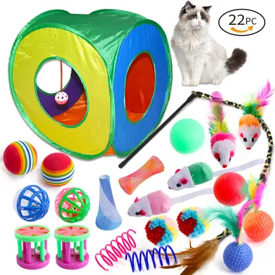 新品 宠物猫玩具 铃铛羽毛逗猫棒毛球老鼠弹簧猫隧道 22件套 - 12