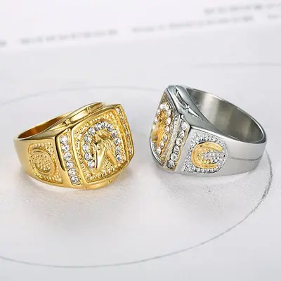 Hip-Hop Men's Ring, Titanium Steel, Gold-Plated, Diamond Horse Head