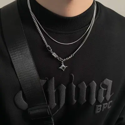 Yıldız çift katmanlı kolye erkek moda kazak zinciri hafif lüks niş tasarım hip-hop tarzı çift erkek ve kız klavikula zinciri