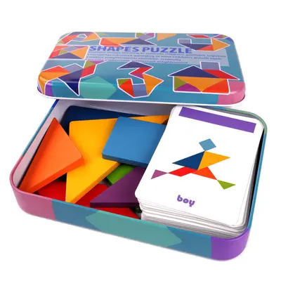 Ahşap metal kutulu tangram yapboz, manyetik eğitici yapboz, anaokulu ve ilkokul